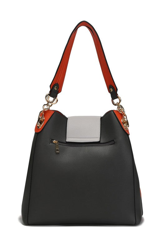 MKF Mirtha Hobo Handbag with matching wallet, featuring luxurious gold tone embellishments and spacious compartments, made from high-quality vegan leather.